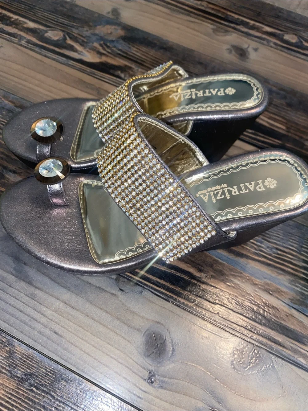 Spring Step Metallic Pewter Wedge Sandals with Rhinestone Crystal Strap
